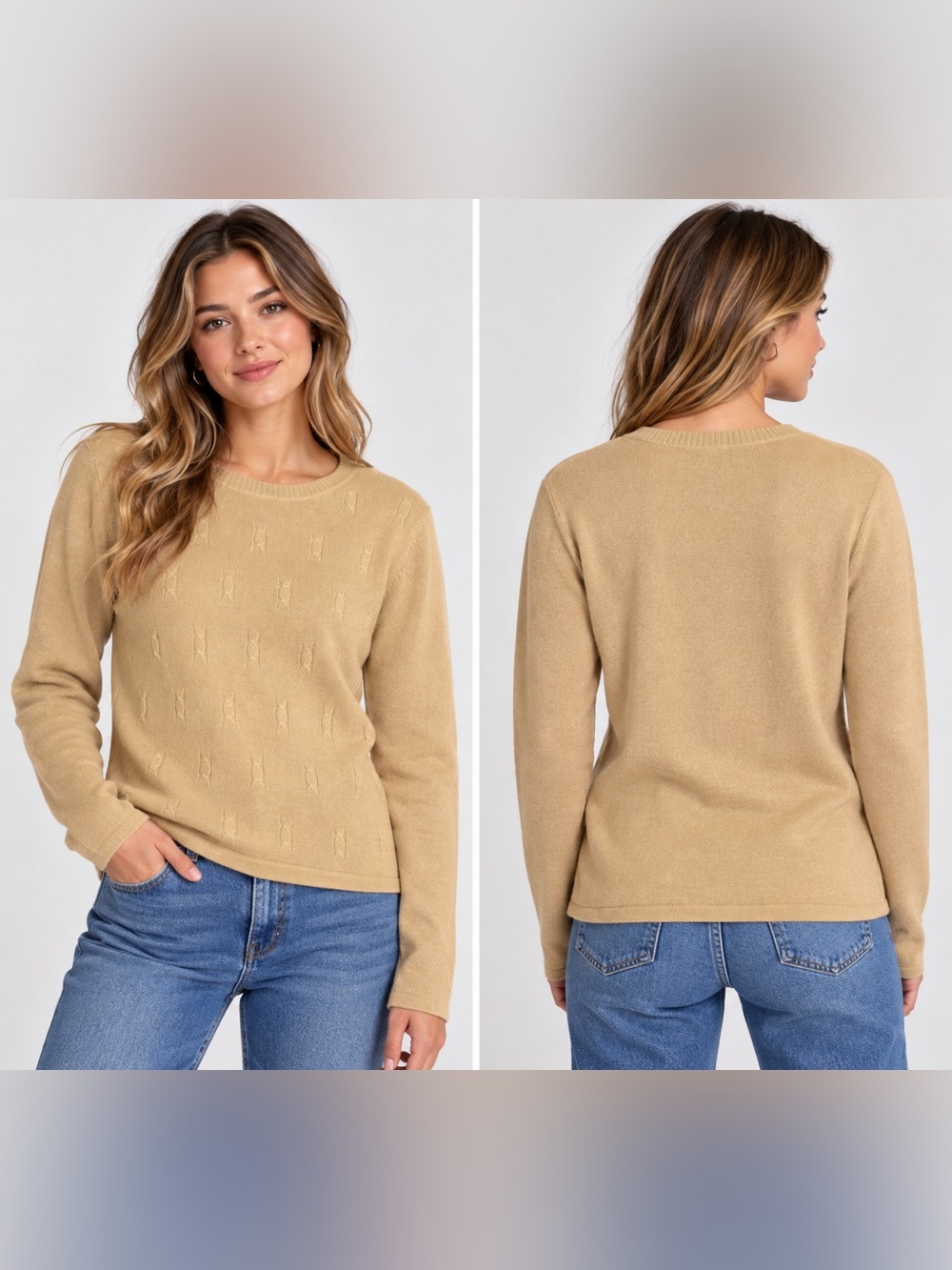 Studio Works Camel Crewneck Cable Knit Sweater/Minimalist/Fall/BusinessCasual